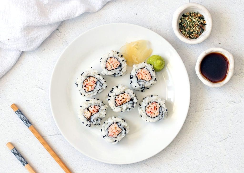 Spicy Krab Roll on a white plate.