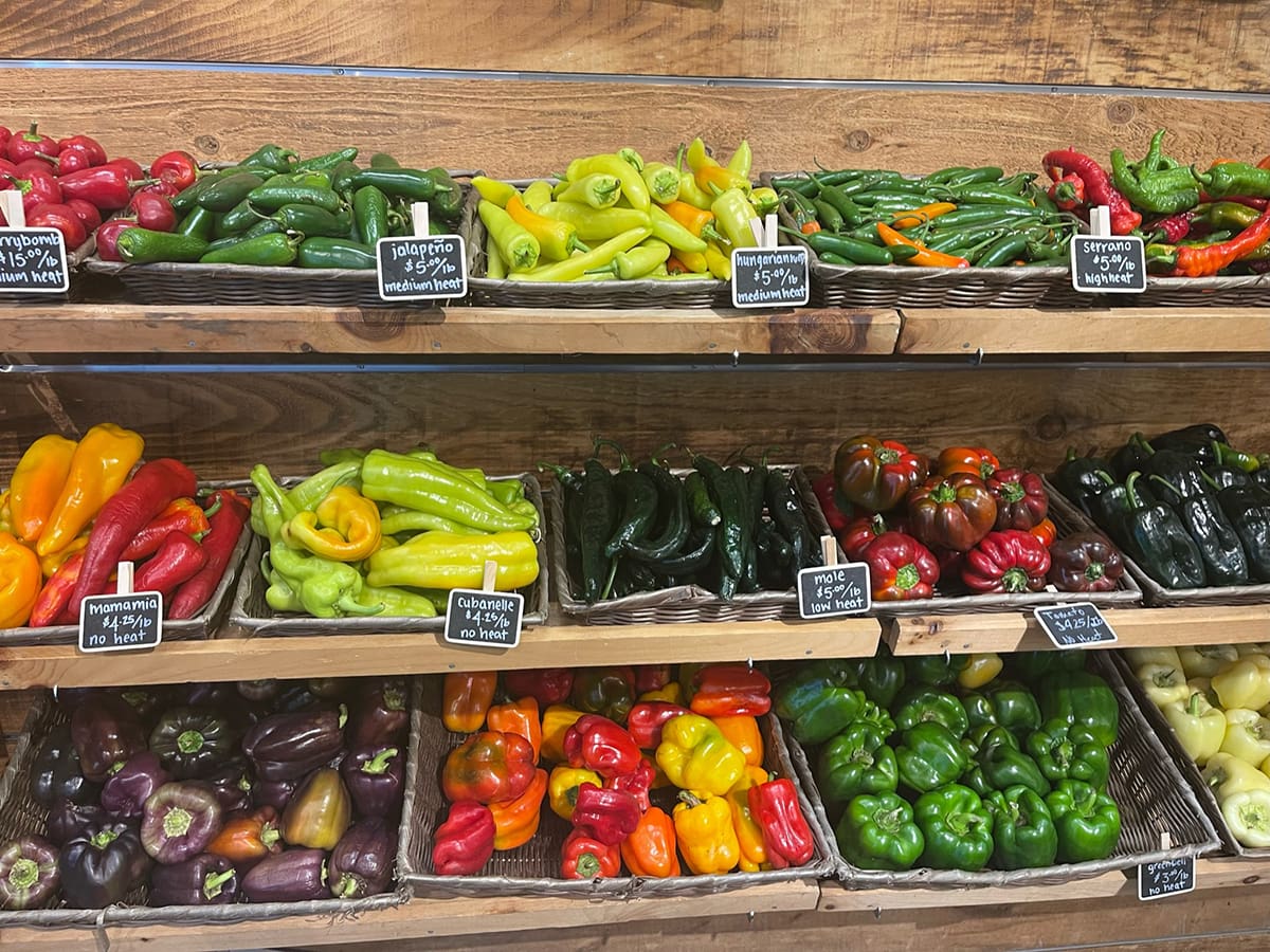 Baskets of fresh produce such as peppers and tomatoes.