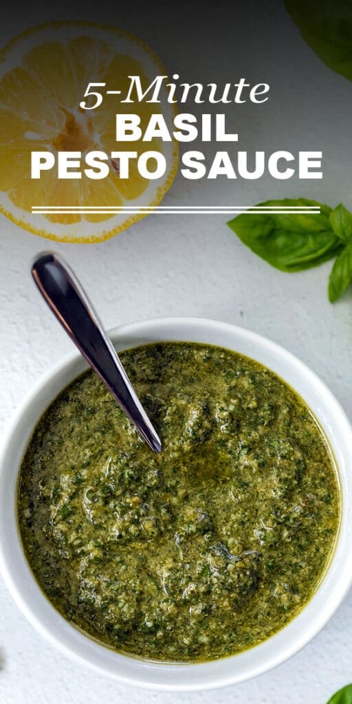 Pinterest graphic for quick and easy basil pesto.
