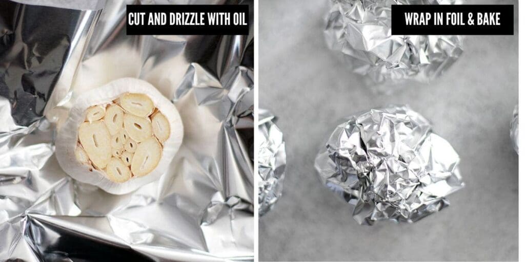 Two photos showing wrapped and unwrapped garlic bulb.