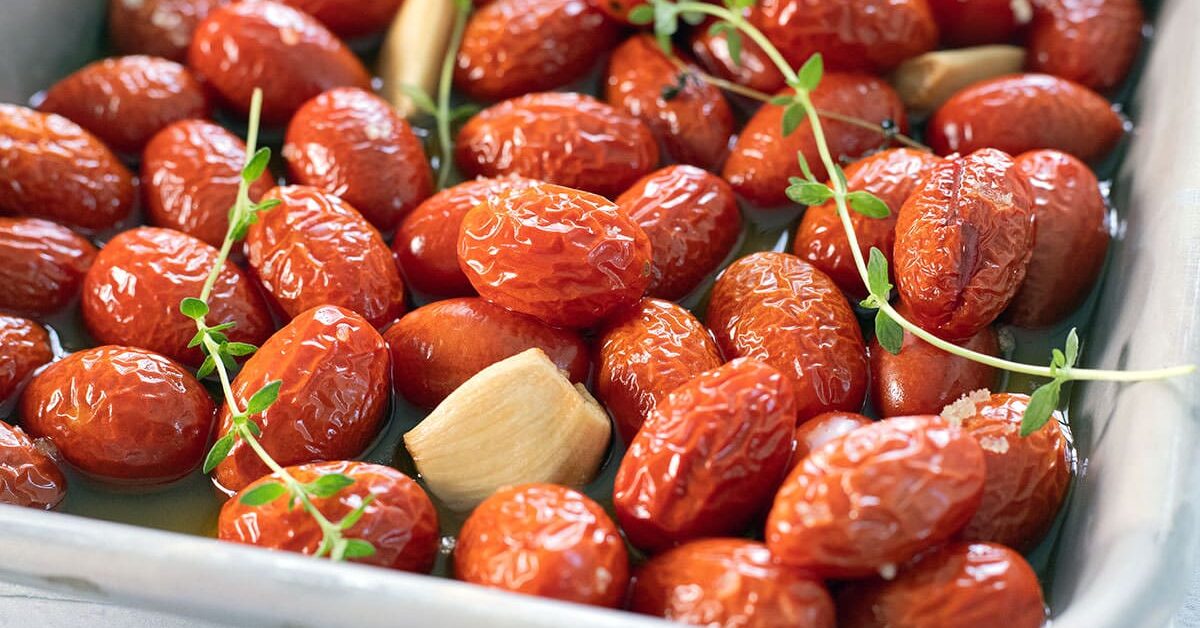 Cherry Tomato Confit on a baking sheet.