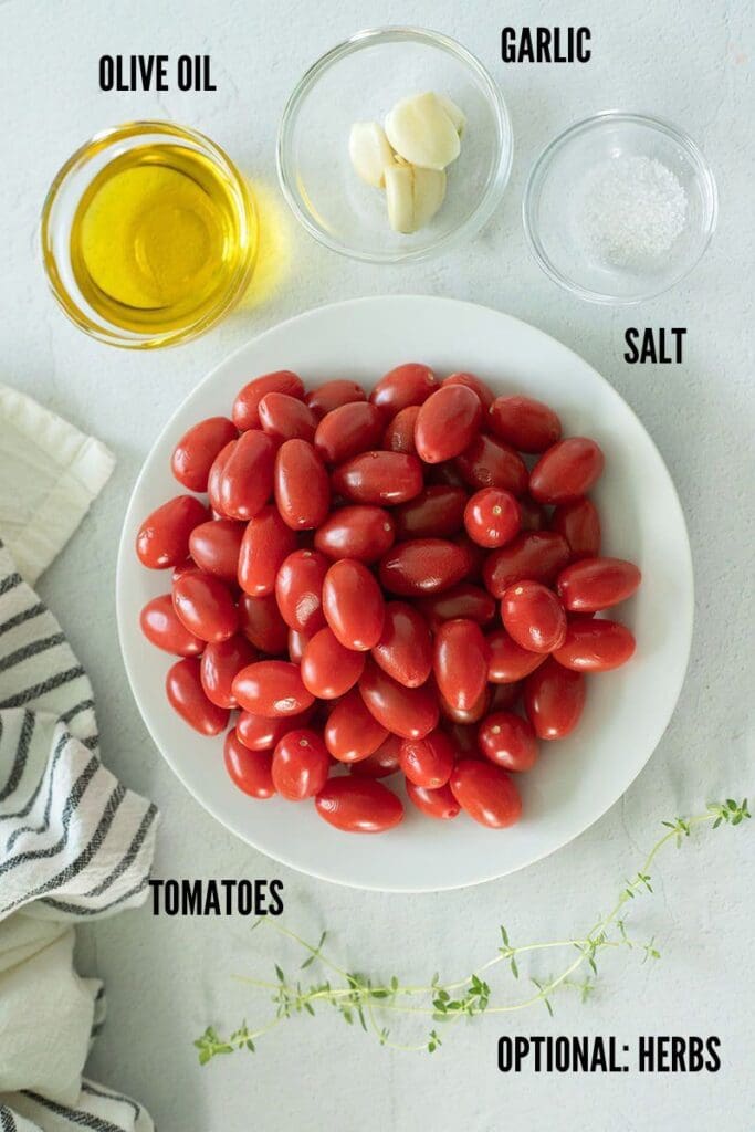 Labeled photo showing ingredients to make tomato confit.