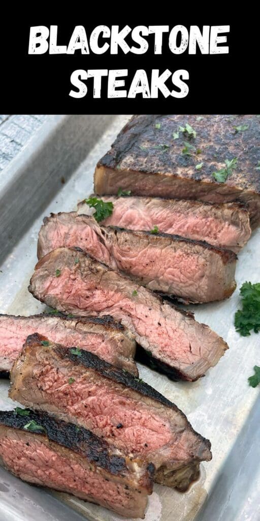 Pinterest graphic for blackstone steaks.