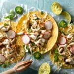 3 fish tacos on wax paper for California recipes article.